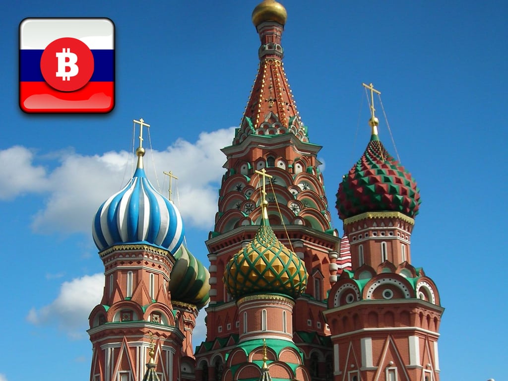 Russian Church with Bitcoin Logo and Flag On Top left Corner