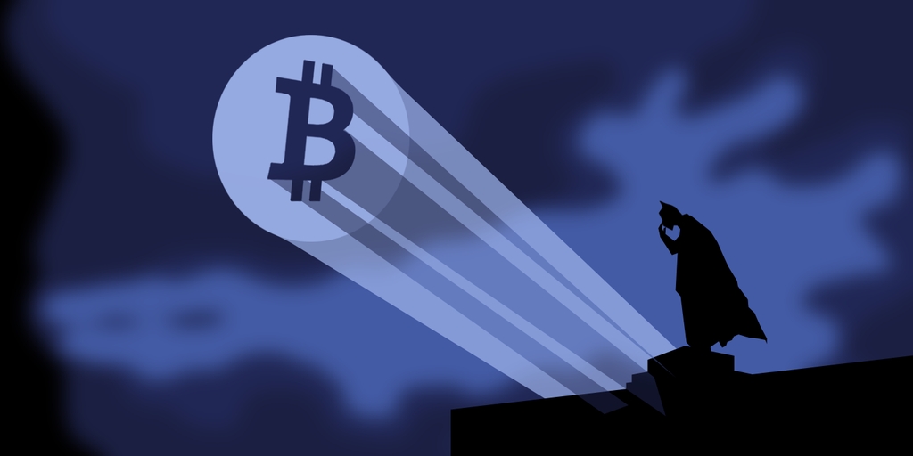 Bitcoin Sign in The Sky Batman on The Rooftop