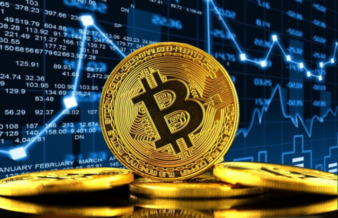 Golden Bitcoin Coin Stock Graph Background