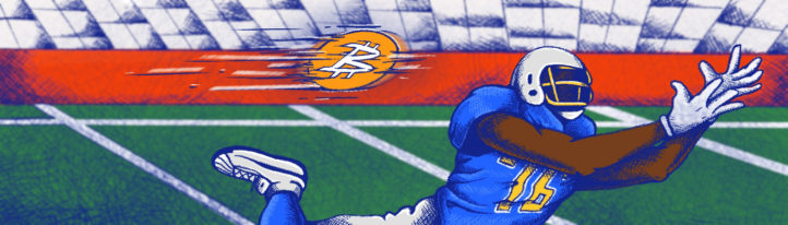 Drawing of a NFL player catching a flying BTC coinball