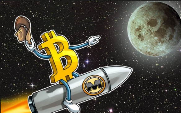 Bitcoin Sign Man sitting on a rocket flying to the moon