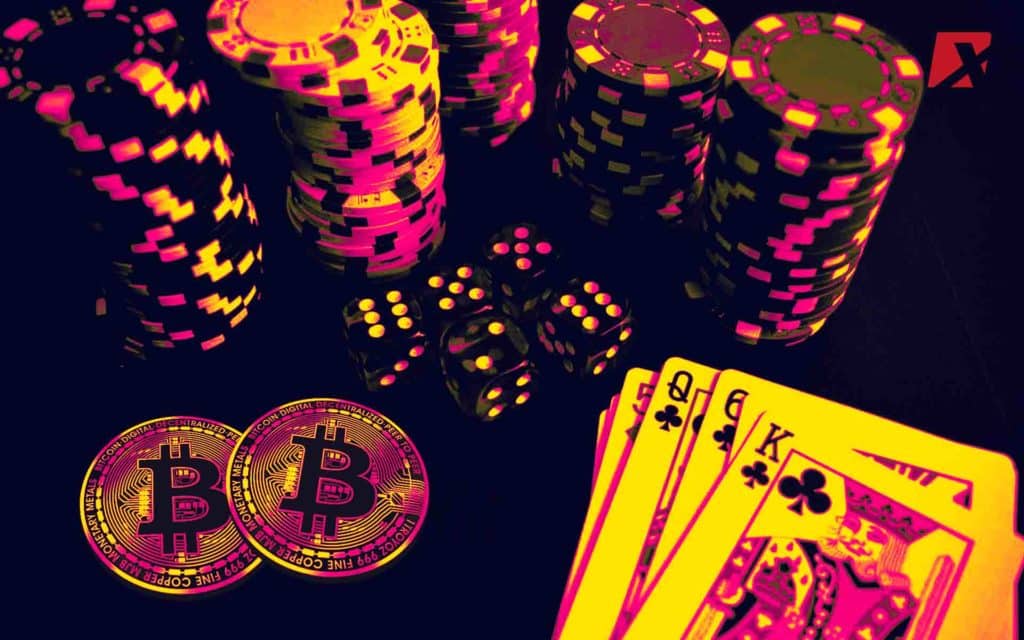 Neon Colored Poker Chips, BTC coins, and playing cards
