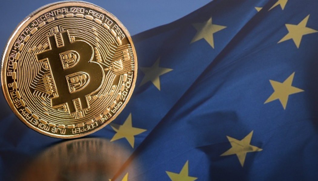 Bitcoin Coin On The Europe Union Flag Background