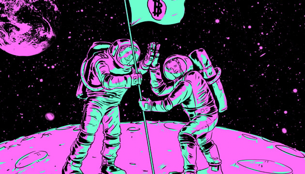 Two Astronauts Planting Bitcoin Flag On Moon