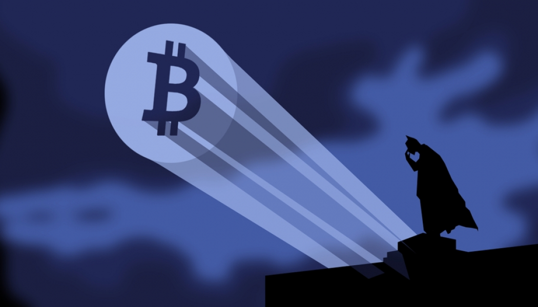 Bitcoin Sign in The Sky Batman on The Rooftop