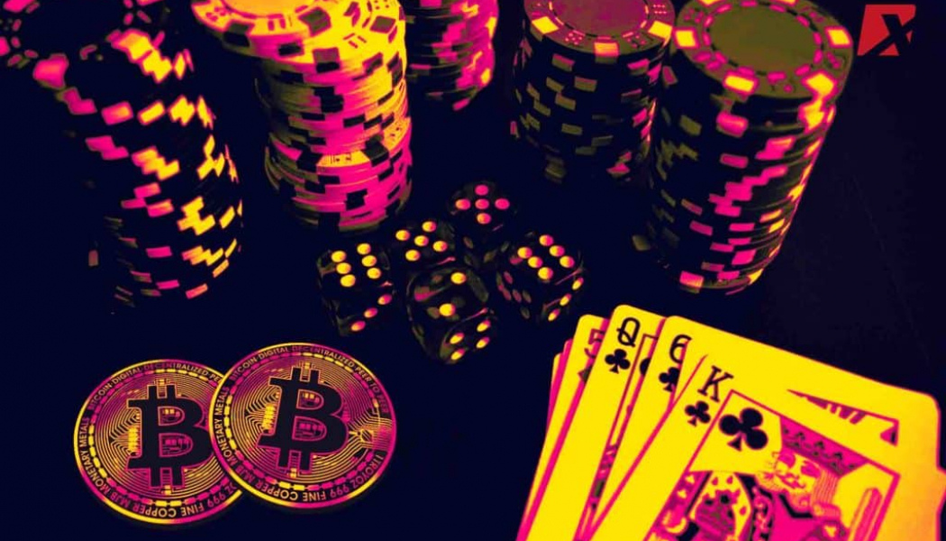Neon Colored Poker Chips, BTC coins, and playing cards
